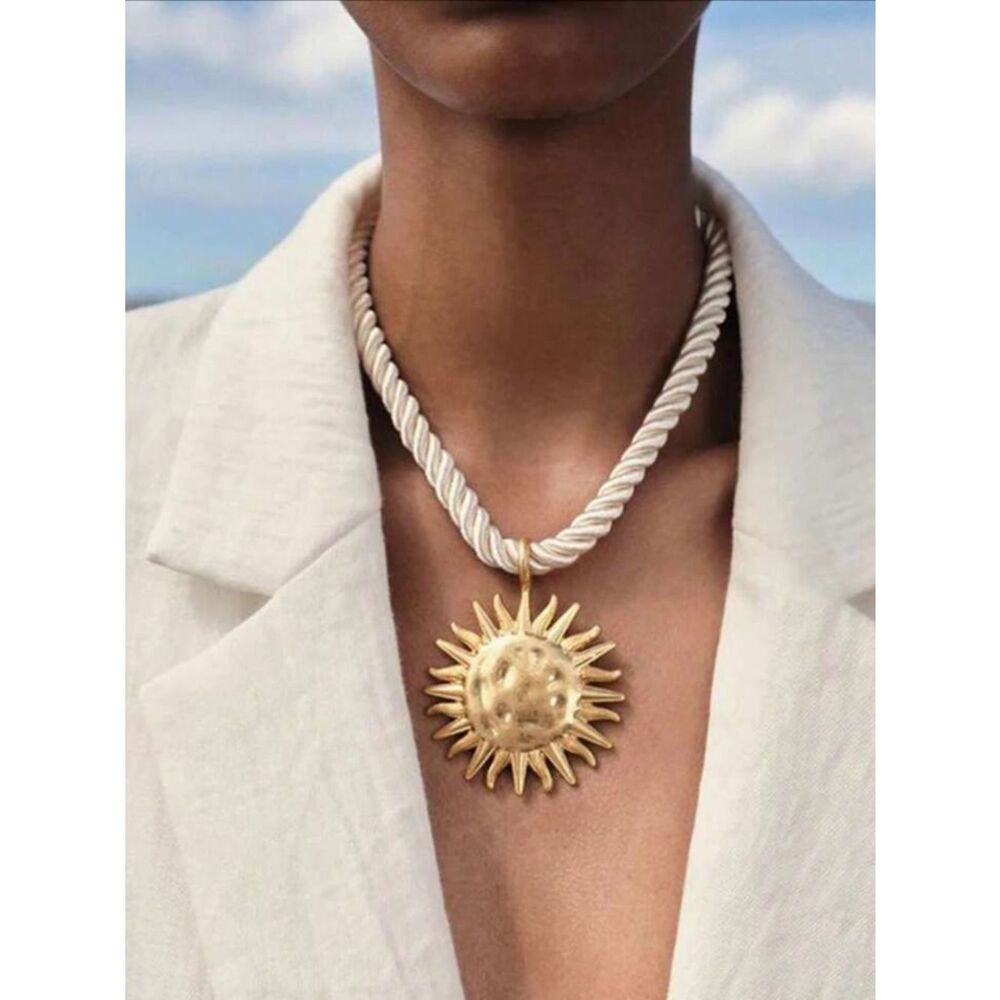 Gold Sun Pendant Necklace with Cream Rope Chain - Women Jewelry R427